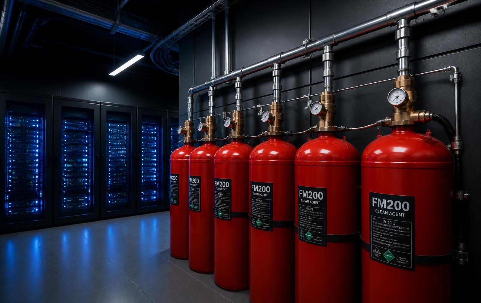 Bank tabung FM200 clean agent terpasang di ruang server data center